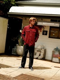 Jack Sacks red shirt full length look